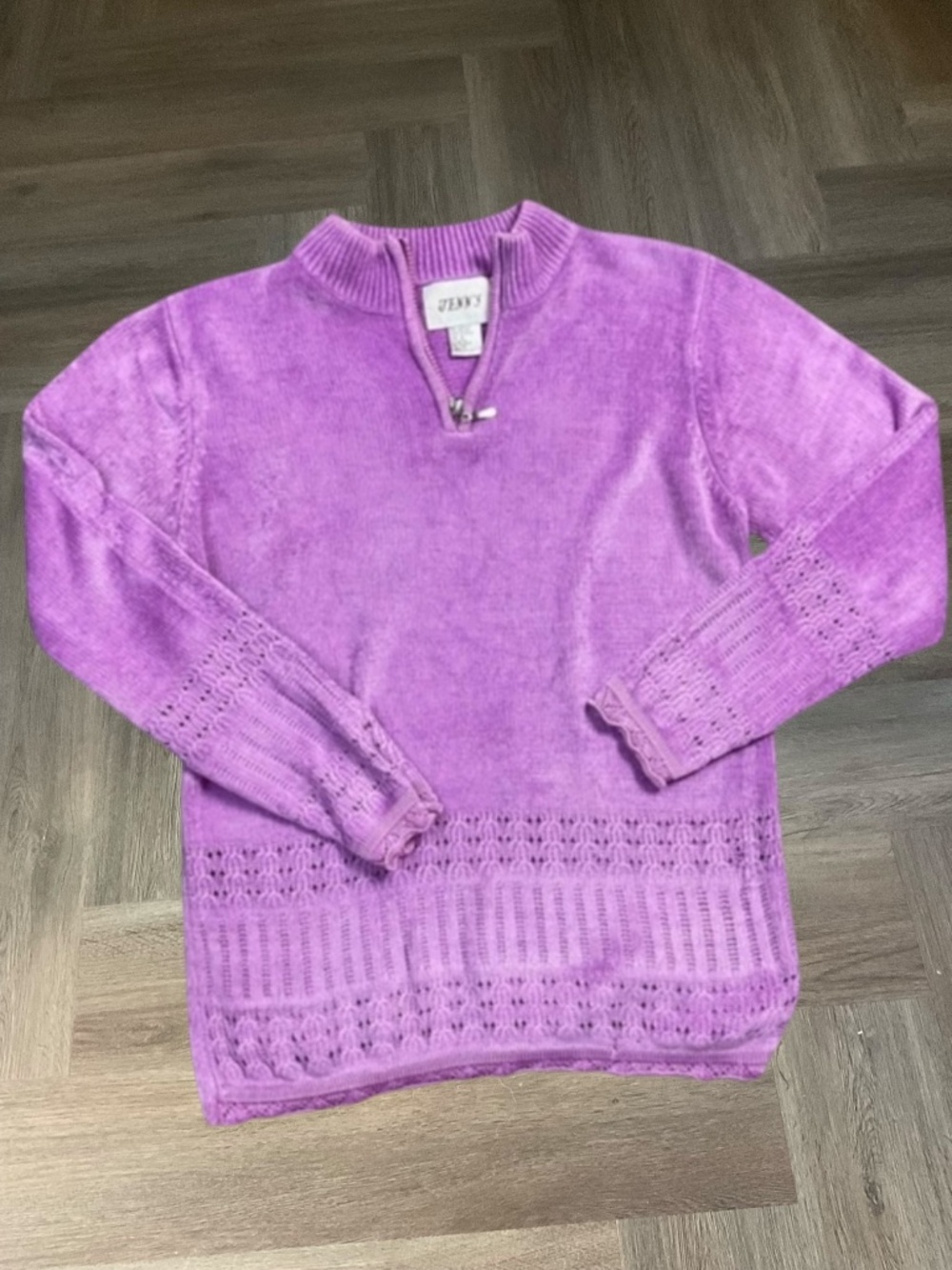 Vintage Jenny Chenille Sweater Womens Small Purple 1/4 ZIP Lace Trim Cottagecore